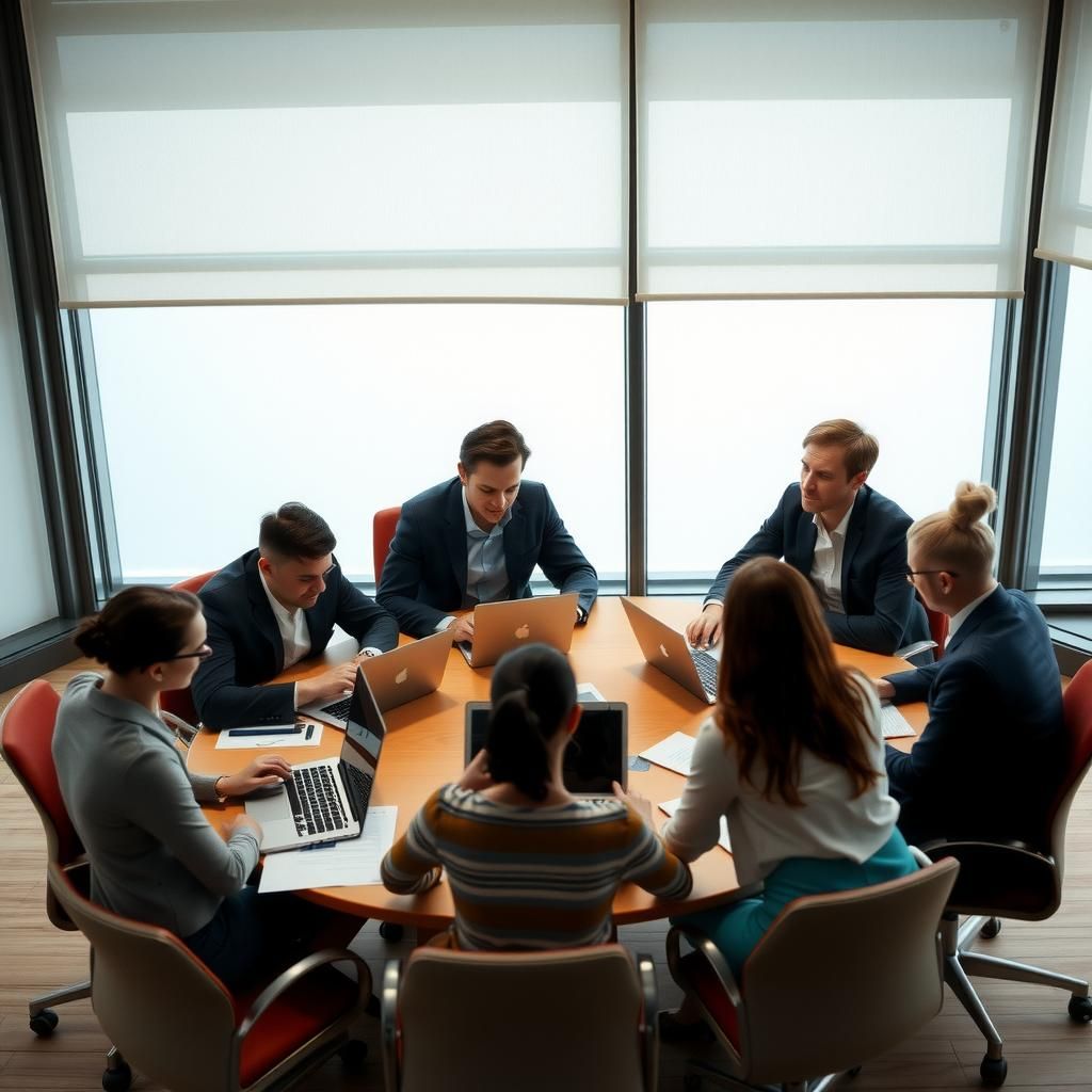 A team of professionals working together at a round table with laptops and documents